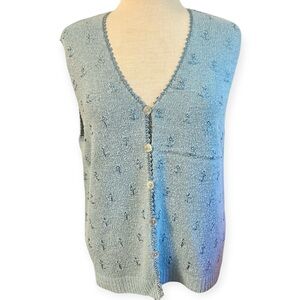 Gina Peters Vintage Y2K Blue Knit Sweater Vest Embroidery Flowers Silk Button L
